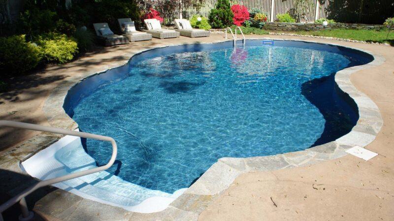 An aerial picture of a vinyl liner pool