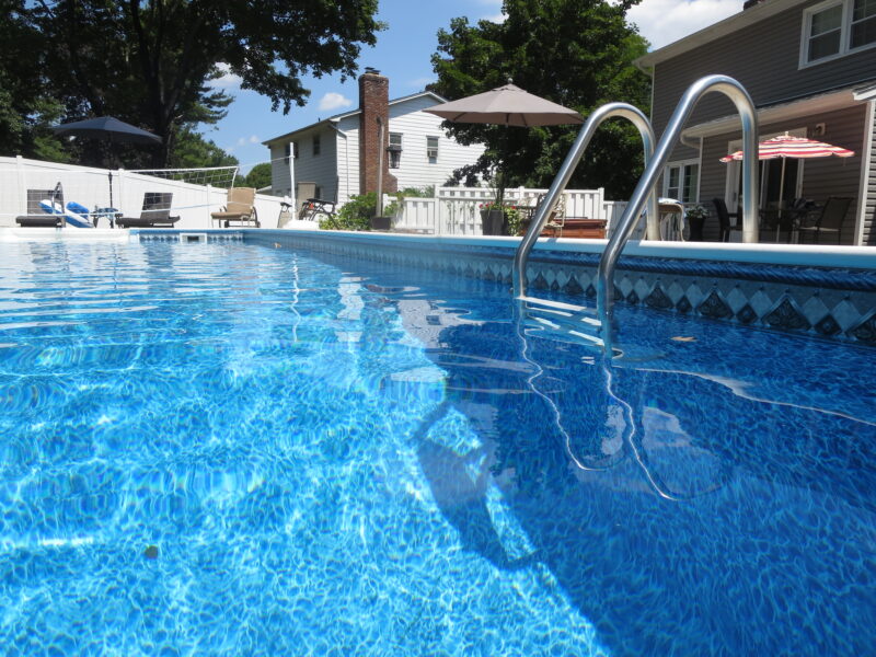 A picture of pool steps with a new vinyl pool liner